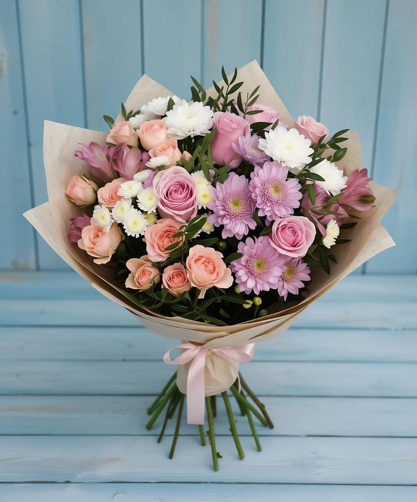 Букет цветов из: Хризантемы, Розы и Альстромерии в Пятигорском