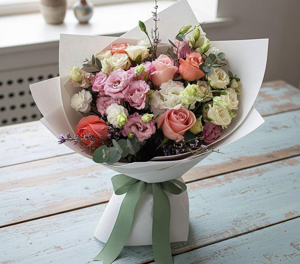 Букет цветов из: Розы, Лизиантусы и Гвоздики в Пятигорском